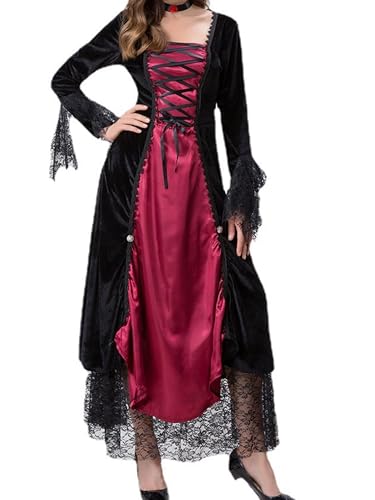 Mittelalterliches Damenkleid, lange Spitze, lange Ärmel, Renaissance-Prinzessinnenkleid, Hexenkostüm (A-Red, M) von ensswliz