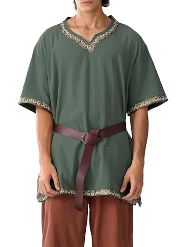Mittelalterliches Herren-Kostüm, Renaissance-Tempeltunika, Wikinger, Ritter, Pirat, Vintage-Krieger, Halloween, Cosplay, Party, Tops, kein Gürtel (A-Armeegrün, S) von ensswliz