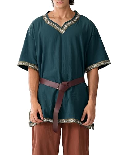 Mittelalterliches Herren-Kostüm, Renaissance-Tempeltunika, Wikinger, Ritter, Pirat, Vintage-Krieger, Halloween, Cosplay, Party, Tops, kein Gürtel (A-Marineblau, XL) von ensswliz