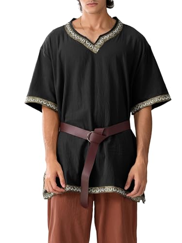 Mittelalterliches Herren-Kostüm, Renaissance-Tempeltunika, Wikinger, Ritter, Pirat, Vintage-Krieger, Halloween, Cosplay, Party, Tops, kein Gürtel (A-Schwarz, L) von ensswliz