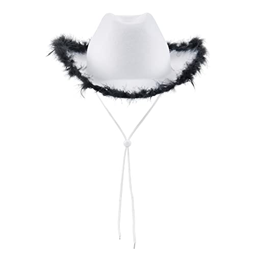 ensswliz Cowboyhüte für Damen, Westernhüte mit breiter Krempe, Filz, Cowgirl-Hut, Halloween, Party, Kostüm, Zubehör (白色黑, Einheitsgröße) von ensswliz