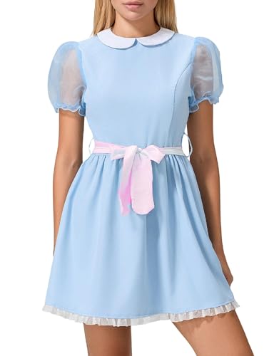 ensswliz Dorothy-Kleid für Damen, Halloween-Kostüm, Puffärmel, Spitzensaum, rauchblau, kariert, Korsett-Minikleid, Märchen-Cosplay-Kleid (F-Mixed Color, S) von ensswliz