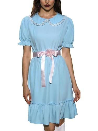 ensswliz Dorothy-Kleid für Damen, Halloween-Kostüm, Puffärmel, Spitzensaum, rauchblau, kariert, Korsett-Minikleid, Märchen-Cosplay-Kleider (H-Blau, L) von ensswliz