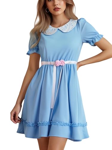 ensswliz Dorothy-Kleid für Damen, Halloween-Kostüm, Puffärmel, Spitzensaum, rauchblau, kariert, Korsett-Minikleid, Märchen-Cosplay-Kleider (I-Himmelblau, S) von ensswliz