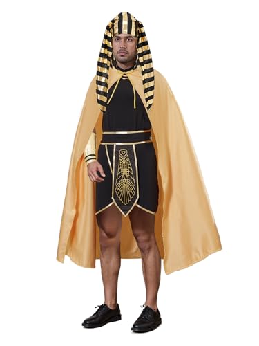 ensswliz Erwachsenenkostüm-Set für Herren, ägyptischer König, Pharao, goldener Rand, Tank-Top, Rock, Armärmel, Kopfbedeckung, Halskette, Halloween, Cosplay, Outfits (B-Schwarz, XXL) von ensswliz