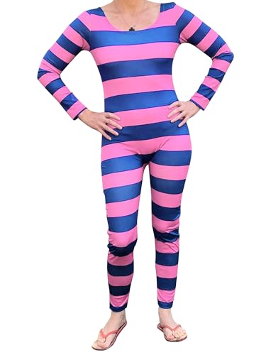 ensswliz Grinsekatzen-Kostüm für Damen, Halloween-Kostüme, gestreift, langärmelig, Overall, Party, Cosplay, Outfit, Kostüm (A-Pink Lila, S) von ensswliz