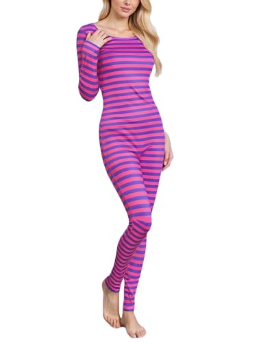 ensswliz Grinsekatzen-Kostüm für Damen, Halloween-Kostüme, gestreift, langärmelig, Overall, Party, Cosplay, Outfit, Kostüm (B-Fuchsia, S) von ensswliz