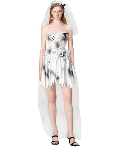 ensswliz Halloween-Kostüm für Damen, Totbraut-Kostüm, Geist, Leiche, Braut, Korsett-Kleid und Schleier, Blumen-Stirnband-Set für Cosplay-Outfits (C-Weiß, XL) von ensswliz