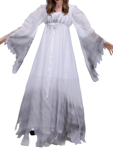 ensswliz Halloween-Kostüm für Damen, Totbraut-Kostüm, Geisterkorsett-Kleid und Schleier, Blumen-Stirnband-Set für Cosplay-Outfits (B-Weiß, XL) von ensswliz
