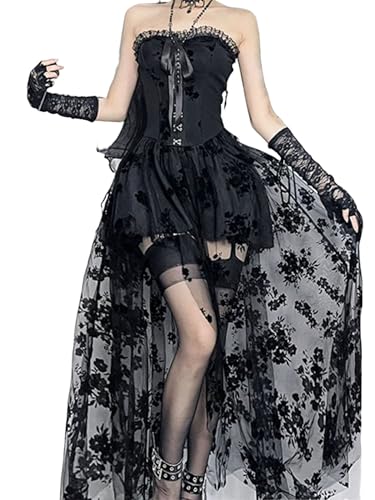 ensswliz Halloween-Kostüm für Damen, Totbraut-Kostüm, Geisterkorsett-Kleid und Schleier, Blumen-Stirnband-Set für Cosplay-Outfits (G-Schwarz, S) von ensswliz