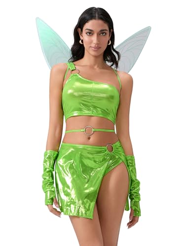 ensswliz Halloween-Kostüm für Damen, Waldfee, Schmetterlingsflügel, Cosplay, Rave-Outfits, Schmetterlingsflügel, Anzüge für Halloween-Party (C-Fluorescent Green, S) von ensswliz