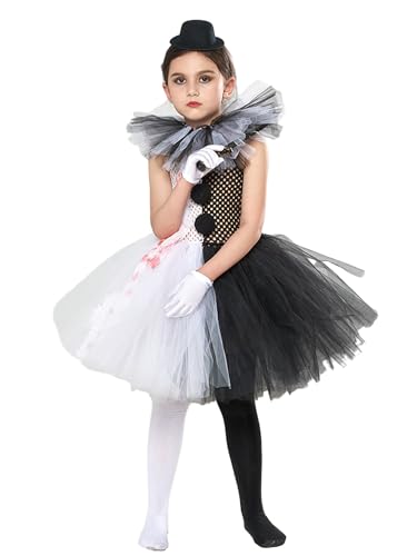 ensswliz Halloween-Kostüm für Kinder, Mädchen, Zombie-Prinzessin, Abschlussball, Cosplay, Tüllkleid + Band + Krone + Blumen-Armband, Cosplay-Kostüm (A-Schwarz-Weiß, S) von ensswliz