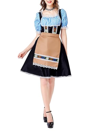 ensswliz Oktoberfest-Kostüme für Damen, deutsches Karomuster, Minikleider und Schürzen, Set für Halloween, Weihnachten, Cosplay, Party-Outfits (A-Blau, M) von ensswliz