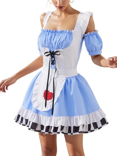 ensswliz Oktoberfest-Kostüme für Damen, deutsches Karomuster, Minikleider und Schürzen, Set für Halloween, Weihnachten, Cosplay, Party-Outfits (B-Himmelblau, XL) von ensswliz