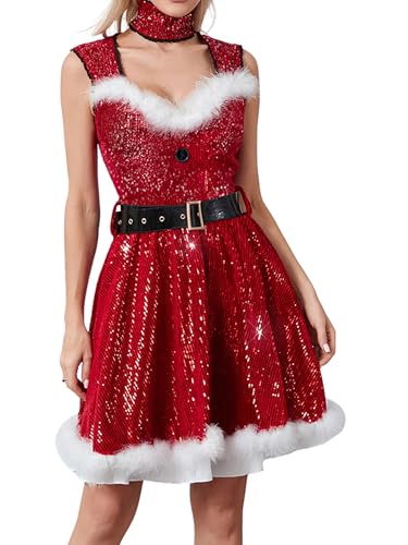 ensswliz Rotes Weihnachtskostüm, für Damen, Cosplay, ärmellos, mit Choker und Gürtel, pelziges Patchwork, glänzende Pailletten, Kleid (A-Red, S) von ensswliz