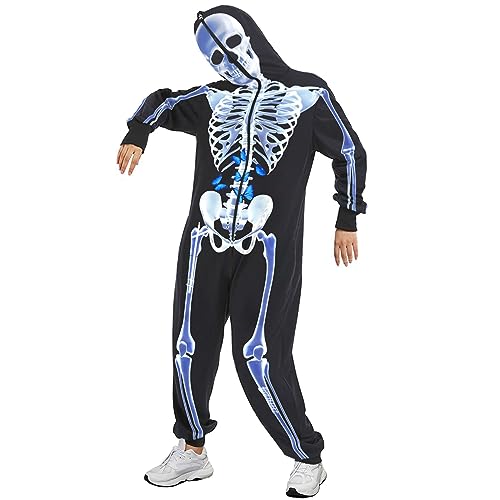 ensswliz Skelett-Kostüm für Herren und Damen, Einteiler mit Kapuze, Overall, Erwachsene, Herren, Halloween, Skelett, Cosplay-Kostüme (4, L) von ensswliz