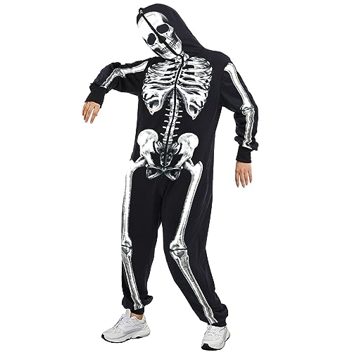 ensswliz Skelett-Kostüm für Herren und Damen, Einteiler mit Kapuze, Overall, Erwachsene, Herren, Halloween, Skelett, Cosplay-Kostüme (5, S) von ensswliz