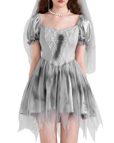 ensswliz Totes Braut-Kostüm für Damen, Herzausschnitt, kurzärmelig, Korsettkleid, Netz-Stirnband für Halloween, Cosplay (D-Grau, L) von ensswliz