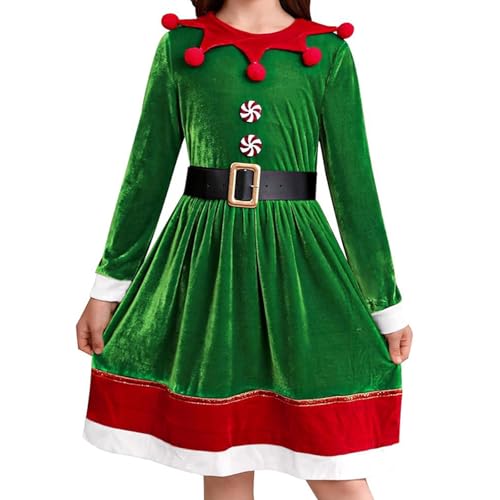 ensswliz Weihnachtselfenkleid für Kinder, Mädchen, Kontrastfarbe, langärmelig, Roun-Ausschnitt, Cosplay-Kostüm (A-Grün, 2–3 Jahre) von ensswliz