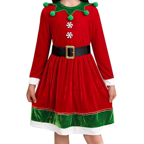 ensswliz Weihnachtselfenkleid für Kinder, Mädchen, Kontrastfarbe, langärmelig, Roun-Ausschnitt, Cosplay-Kostüm (A-Rot), 8–9 Jahre von ensswliz
