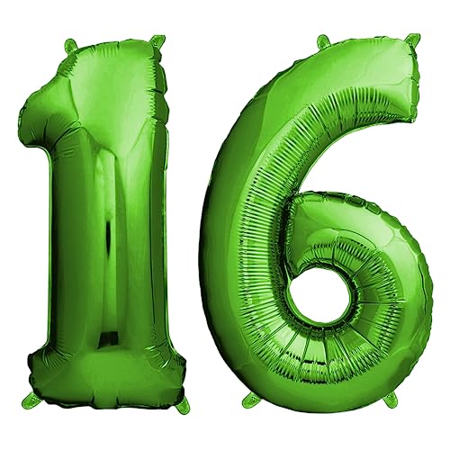 envami® Deko 16 Geburtstag Junge - Grün 101CM - Ballon Zahl Luftballon 16. Geburtstag - Zahlen Luftballon Geburtstagsdeko 16 Junge - Folienballon 16 Junge - 16 Jahre Geburtstag Junge - Helium von envami
