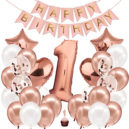 envami® Geburtstagsdeko Mädchen Rosegold Zahl 1. Geburtstag Mädchen Happy Birthday Deko Folienballon 1 Luftballon 1. Geburtstag Kindergeburtstag Deko von envami