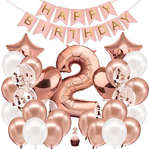 envami® Geburtstagsdeko Mädchen Rosegold Zahl 2. Geburtstag Mädchen Happy Birthday Deko Geburtstag Mädchen Folienballon 2 Luftballon 2. Geburtstag Kindergeburtstag Deko von envami