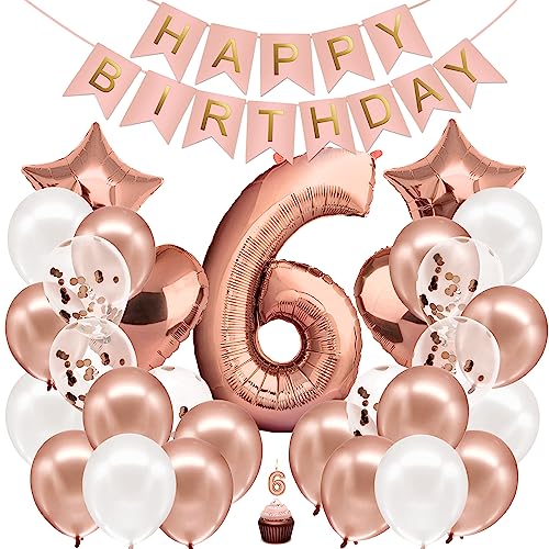 envami® Geburtstagsdeko Mädchen Rosegold Zahl 6. Geburtstag Mädchen Happy Birthday Deko Geburtstag Mädchen Folienballon 6 Luftballon 6. Geburtstag Kindergeburtstag Deko von envami