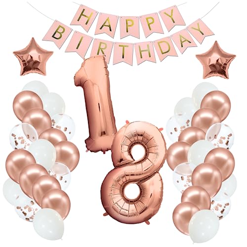 envami® Geburtstagsdeko 18 Rosegold Geburtstag Deko 18. Geburtstag Mädchen Frauen Party Deko Luftballons 18 - Happy Birthday Girlande - Birthday Decorations - Frau Rosé-Gold von envami