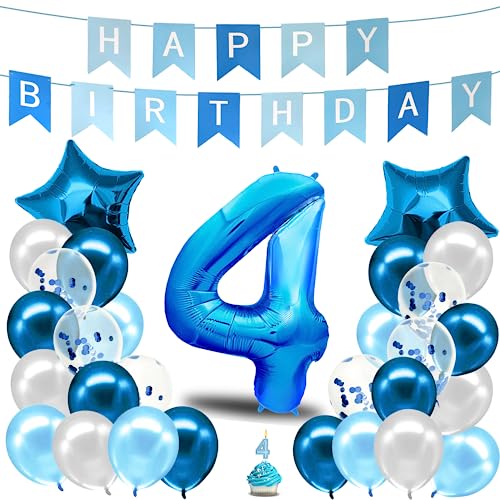 envami® Geburtstagsdeko Jungen Blau Zahl 4. Happy Birthday Deko Geburtstag Junge Folienballon 4 Luftballon 4. Geburtstag Kindergeburtstag Deko 4. von envami