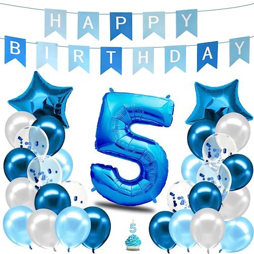envami® Geburtstagsdeko Jungen Blau Zahl 5.Happy Birthday Deko Geburtstag Junge Folienballon 5 Luftballon 5. Geburtstag Kindergeburtstag Deko 5. von envami