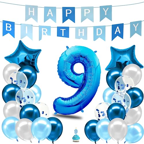 envami® Geburtstagsdeko Jungen Blau Zahl 9. Happy Birthday Deko Geburtstag Junge Folienballon 9 Luftballon 9. Geburtstag Kindergeburtstag Deko 9. von envami