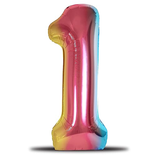envami® Luftballon Geburtstag XXL Regenbogen Rainbow - Riesen Folienballon in 40" - 101cm Geburtstagsdeko - Ballon Zahl Deko zum Geburtstag - fliegt mit Helium (Zahl 1) von envami