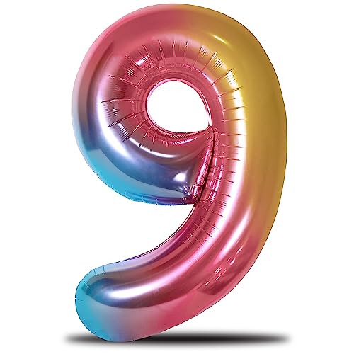 envami® Luftballon Geburtstag XXL Regenbogen Rainbow - Riesen Folienballon in 40" - 101cm Geburtstagsdeko - Ballon Zahl Deko zum Geburtstag - fliegt mit Helium (Zahl 9) von envami