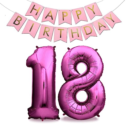 envami® XXL Folienluftballons - Luftballons Pink + Happy Birthday Girlande - Riesen Zahlen -Luftballons - 40" 101CM - Perfekte Geburtstagsdeko Rosa - Fliegt mit Helium (Zahl 18) von envami
