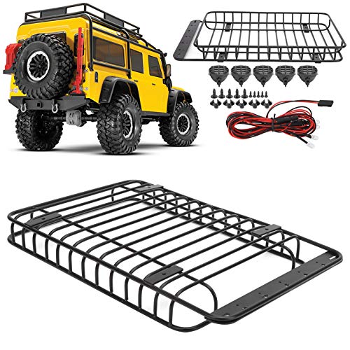 RC-Dachgepäckträger, 9,1 x 5,7 Zoll RC-Crawler-Auto-Metallgepäckträger mit LED-Scheinwerfern für Traxxas TRX4 Axial SCX10 90046 Modellfahrzeug-Upgradeteile von equlup