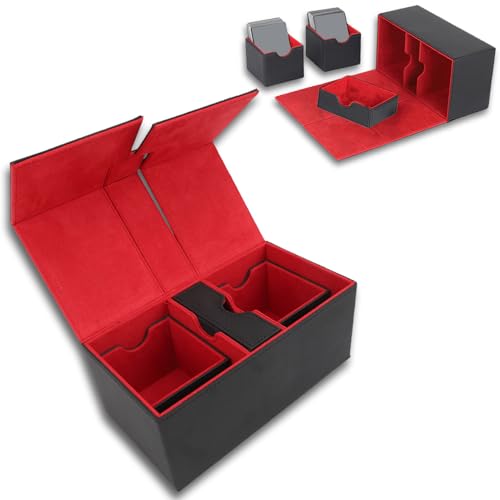equlup Kartendeckbox, großer Kapazität Magnetischer Verschluss PU Leder -Spielspeicher -Organisator Kollektierbares Spielbehälter mit 3 Schubladen zum Halten von über 200 Karten (Schwarz rot) von equlup