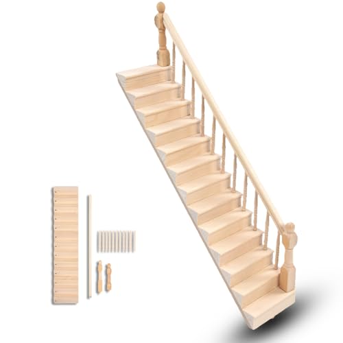 equlup Puppenhaustreppe, 1/12 Skala Miniaturtreppe glänzende abgerundete Ecken Birkenmaterial DIY Vivd Süß für Mädchen, die Handwerksspielzeuge Machen (Rechte Handläufe) von equlup