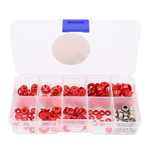 equlup RC-Schrauben-Unterlegscheiben-Kit, Aluminiumlegierung RC-Cup-Kopfdichtung CNC-Bearbeitung RC-Rundkopf-Unterlegscheibe Kompakte RC-Car-Mutter für 1/10 1/8 (Red) von equlup