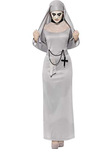 erdbeerclown - Damen Frauen Kostüm Gothic Horror Nonne Schwester mit Kleid und Kopftuch, Zombie Nun Sister, perfekt für Halloween Karneval und Fasching, S, Grau von erdbeerclown