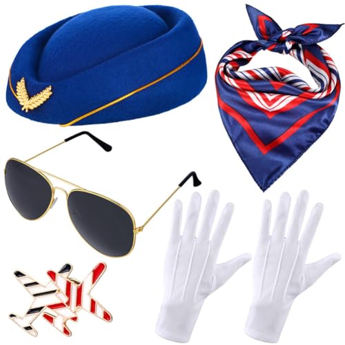 ericotry 5-teiliges Damen-Kostüm-Set, Stewardess, Hut, Schal, Brosche, Sonnenbrille, Handschuhe für Air-Gastgeberin, Halloween, Cosplay, Zubehör ericotry 5-teiliges Damen-Kostüm-Set, Stewardess, Hut, Schal, Brosche, Sonnenbrille, Handschuhe für Air-Gastgeberin, Halloween, Cosplay, Zubehör von ericotry