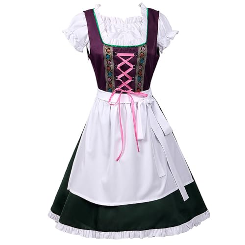 Lila-schwarzes Kleid mit Schürze, bayerisches Bierrockkostüm for Damen mit weißem Chiffonoberteil und Rüschen(Large) von esmen