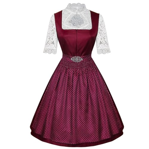 Oktoberfest-Dienstmädchenkleid, 3-teiliges Set, kurzärmliges Midikleid mit Spitzenschürze, Brustreißverschluss, Dunkelgrün/Marineblau/Burgund, Größen S-2XL(Wine Red,Small) von esmen