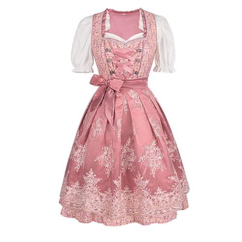 Oktoberfest-Kleid for Damen, Bierjungfrau-Kostüm, rosa Dirndl mit bestickter Netzschürze und Bindedetail(Small) von esmen