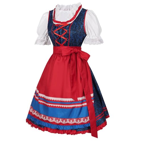 Oktoberfest-Kleid for Damen, Bierjungfrau-Kostüm-Set, blauer Blumenrock mit roter Schürze und seitlichem Reißverschluss(Small) von esmen