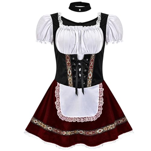 Oktoberfest-Kostüm for Damen, Dienstmädchenkleid mit Samtbesatz, Rock und Schürze mit Spitzensaum, nationales deutsches Bühnenoutfit(Wine Red,2xl.) von esmen