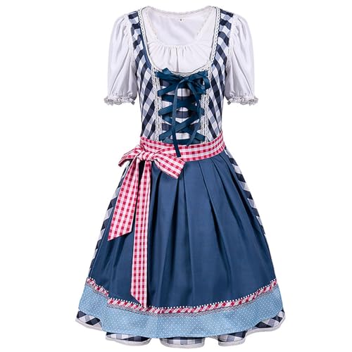 Oktoberfest-Kostüm for Damen, deutsches Bierjungfrauenkleid mit Schürze, rot-blau karierter Rock, Fantasy-Theater-Outfits(Bleu,Medium) von esmen