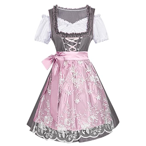 Pastellgraues Oktoberfest-Kleiderset mit weißem V-Ausschnitt-Shirt und rosa Schürze mit Netzbesatz for Damen(X-Large) von esmen
