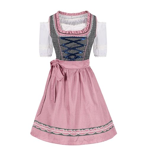 Schwarz-weiß gepunktetes Kleid mit rosa Schürze und Spitzenmanschetten, deutsches Oktoberfest-Kostüm for Damen, Bierfest-Outfit(Large) von esmen