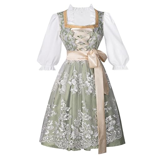 Stilvolles Bierjackenkleid aus Polyester, Dienstmädchen-Outfit, grünes und beiges Bar-Arbeitskleid mit bestickter Netzschürze, seitlicher Reißverschluss(Green A,Large) von esmen